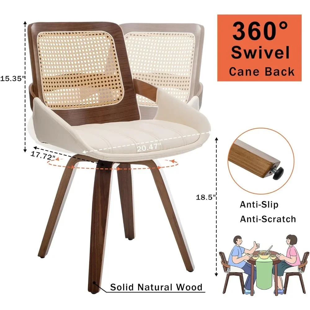 Swivel Rattan Cadeiras de Jantar com Bastão Ergonômico Voltar, Braços Curvos, Walnut Cadeiras de Jantar, Walnut Frame, Conjunto de 2