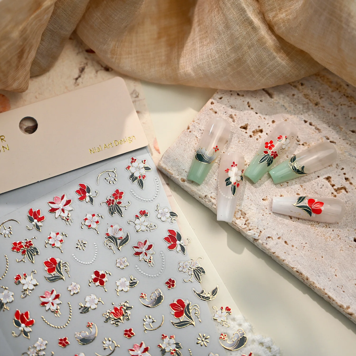 

5D Embossed Vintage White Red Flowers Gold Edge Moon Pearl Nectlace Nail Art Stickers Decals Manicure Chinese Elegant Charms