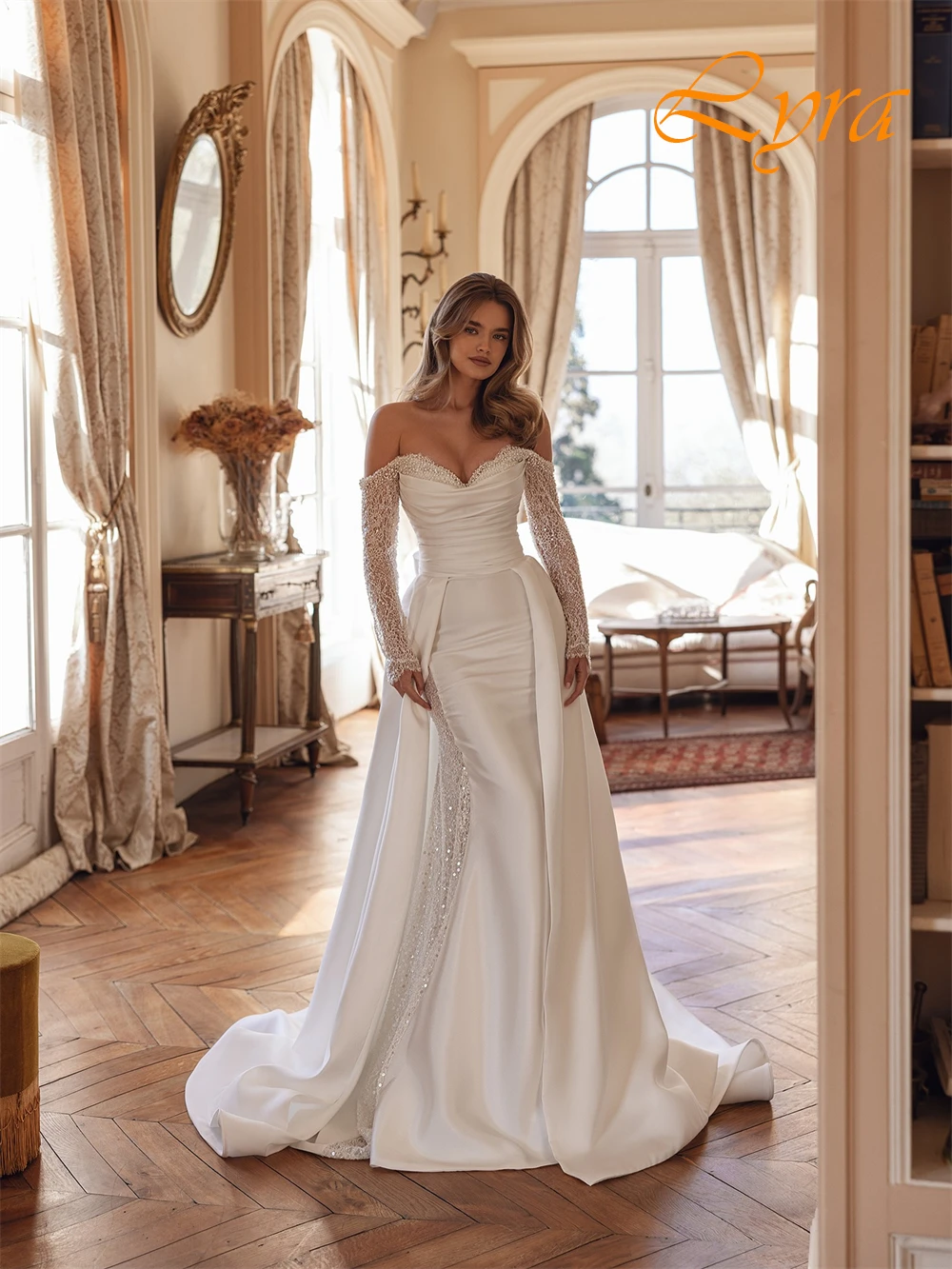 فستان سهرة من الساتان رائع مخصص برقبة على شكل حرف V وأكمام طويلة فساتين زفاف حساسة مطرزة للمناسبات الخاصة