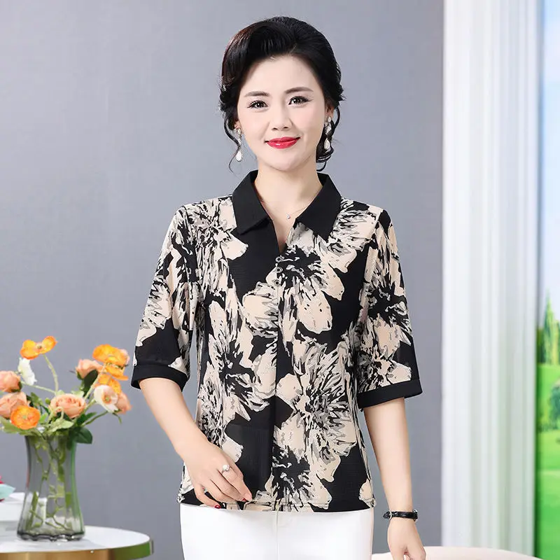 New Fashionable Plus Size Loose Collared T-Shirt Tops for Middle aged and Elderly Women