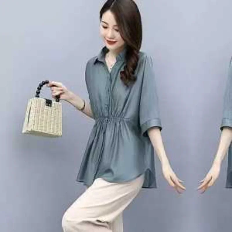 Women Half Sleeve Shirt Yellow Linen Blend Ruched Waist Button Front Loose Fit Casual Summer Daily Wear Blouse