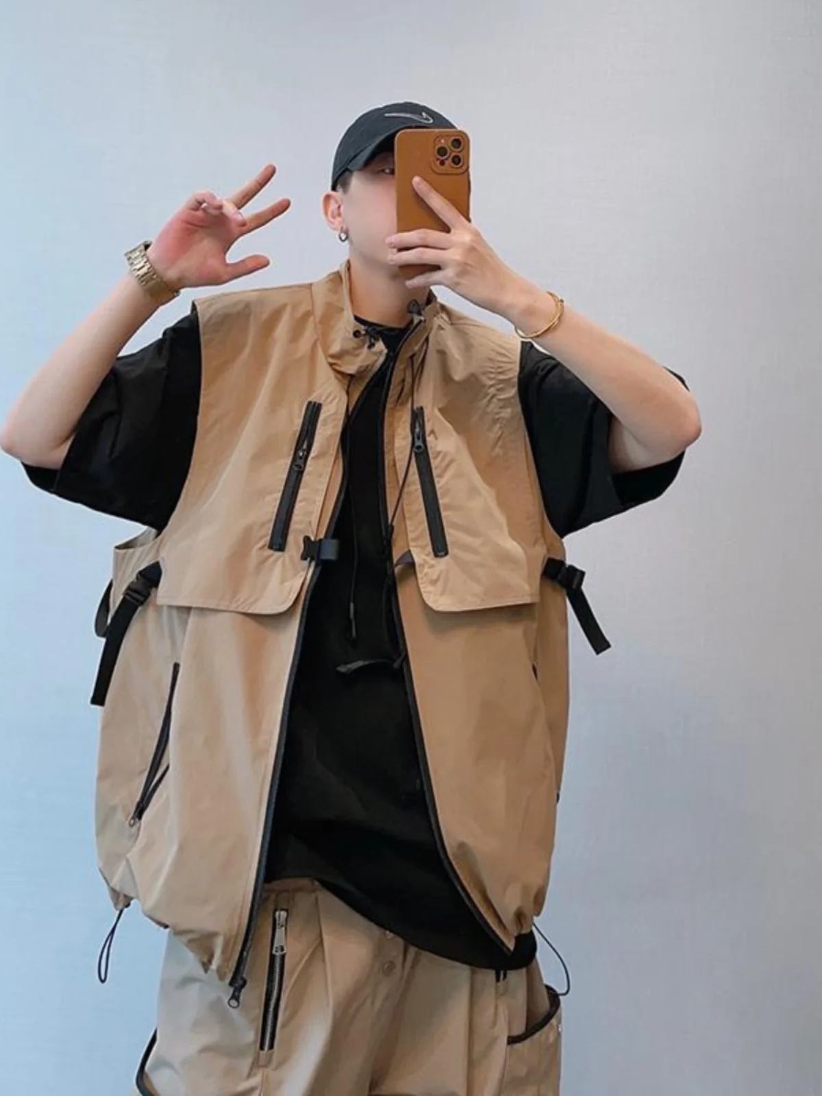 

Свободный крой, американская модная рабочая одежда, функциональный жилет на молнии, мужской жакет-конверт, осень-зима, большие размеры 300, сум