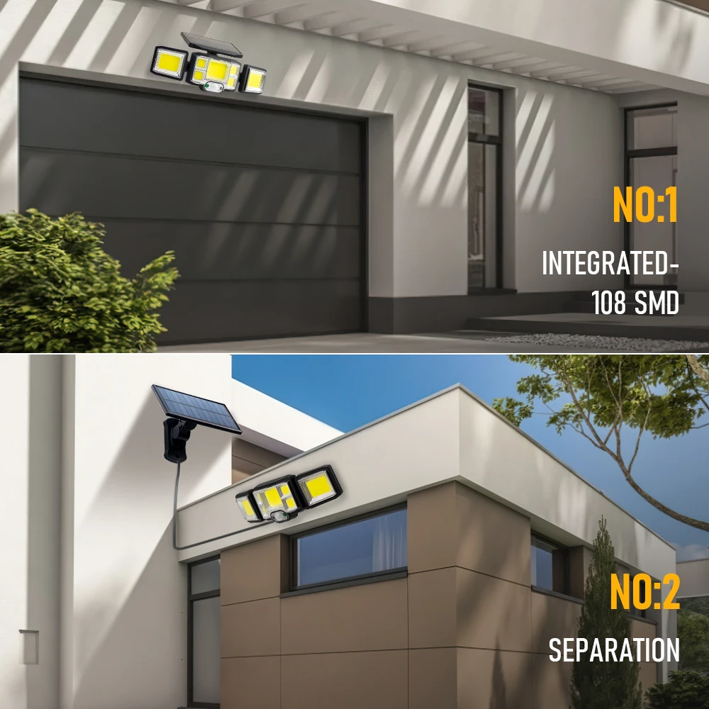 192 LED COB Separation Solar Lights Outdoor 3 Head Motion Sensor Wide Angle Lighting Waterproof Remote Control Solar Wall Lamp