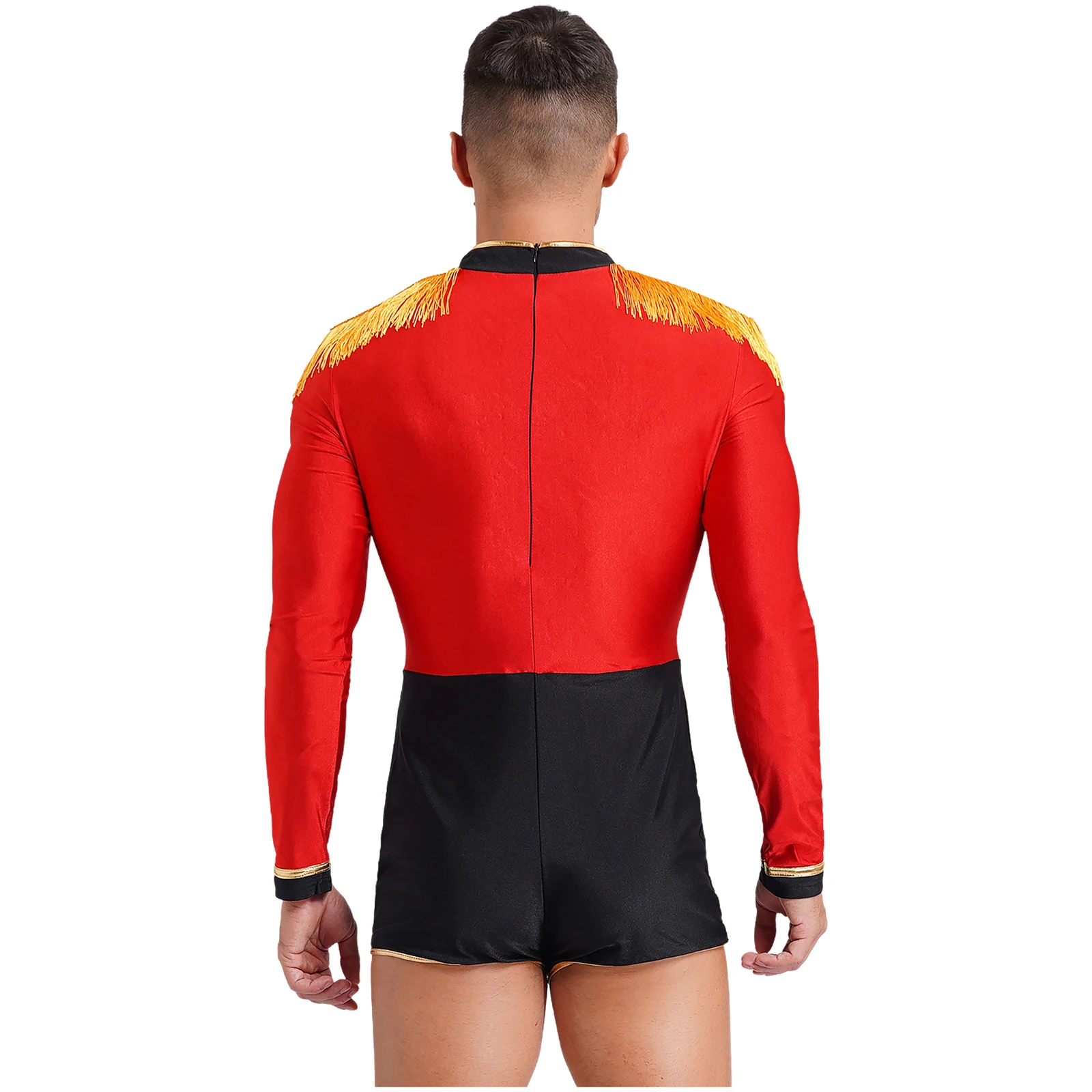 Men Circus Ringmaster Cosplay Costume Long Sleeve Zipper Contrast Color Bodysuit for Halloween Theme Party Carnival Role Play