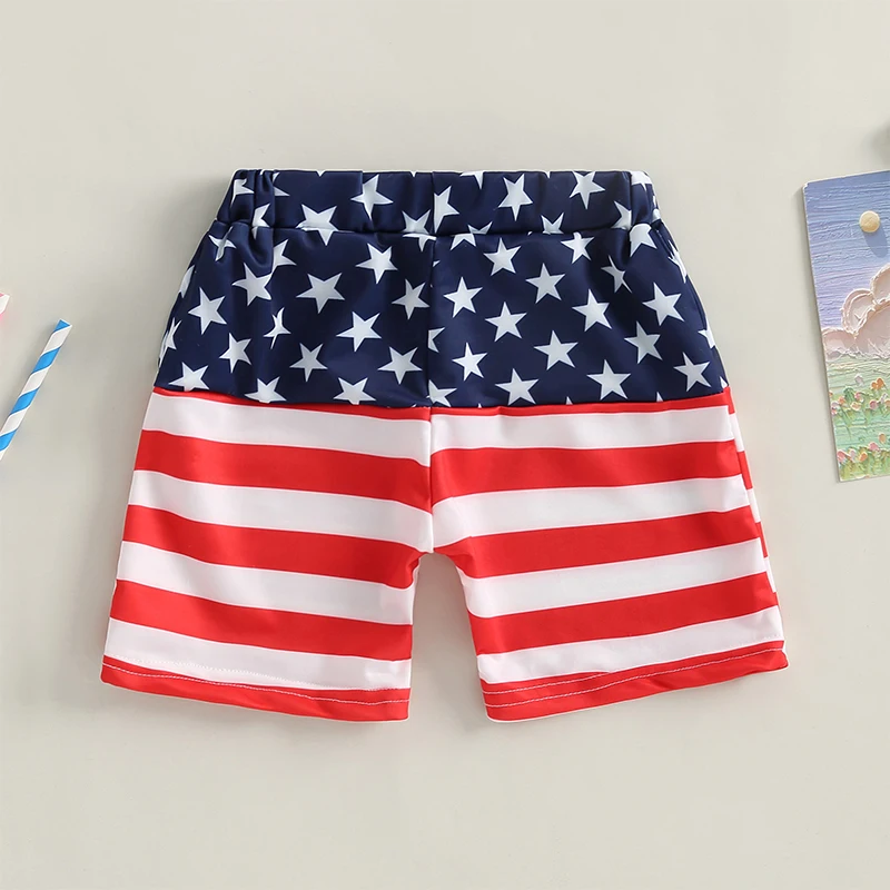 2-7T Boys Summer Swimming Trunks Stars and Stripes Stitching Drawstring Independence Day Blue Boxer Quick-drying Swimming Trunks