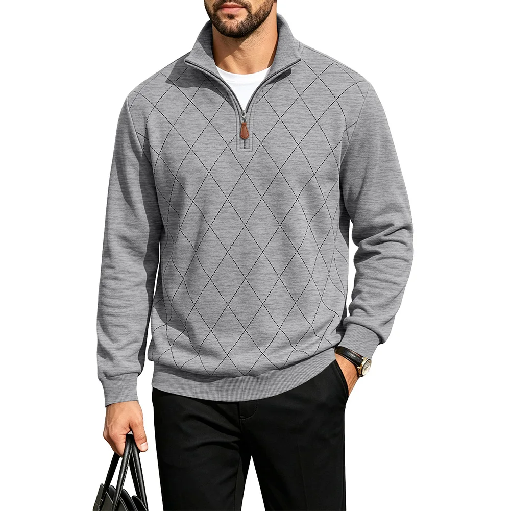 Men's Half Zip Plaid Sweatshirt Fleece Lined Long Sleeve Pullover Casual Daily Wear Work Top Spring Autumn Winter Beige Blue