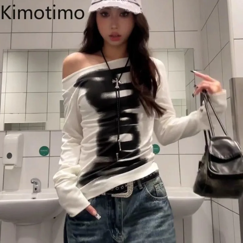 

Kimotimo Spicy Girls Letter Print Long Sleeve T-shirt Autumn Slim Fit Off Shoulder Base Tops Street Y2k Aesthetic Grunge Tees