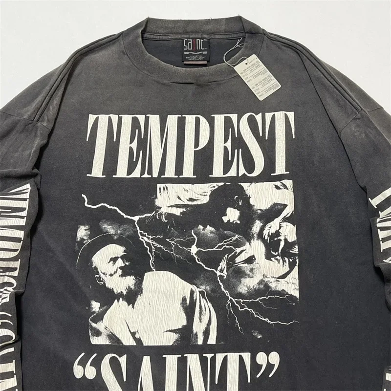 

25ss Saint Michael Crack Pattern Printing Mens Long Sleeves 1:1 Top Quality Oversized Washed Destroy Womens T-shirt