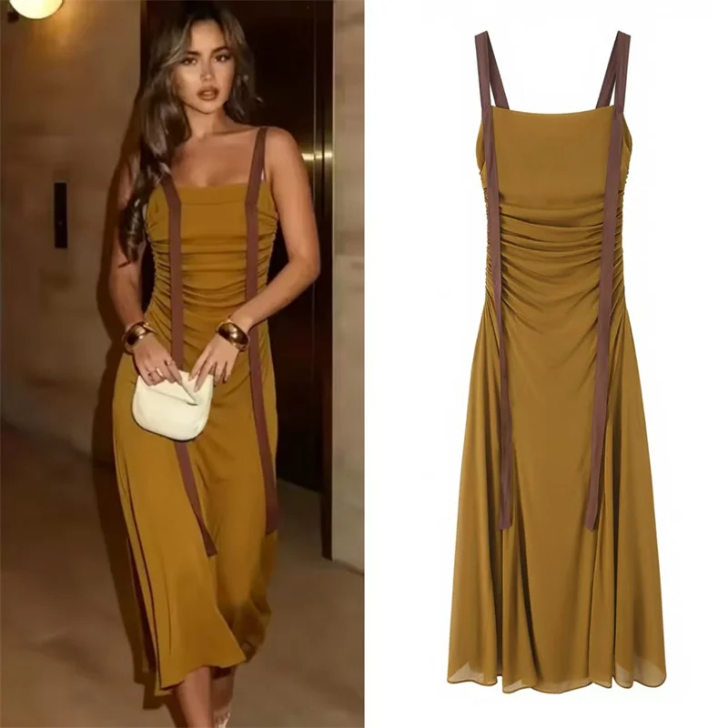 Vestido Feminino 2026 Novo de Verão Cor Camelo com Alças e Pregas Decorativas, Vestido Longo Elegante e Gracioso Estilo Férias