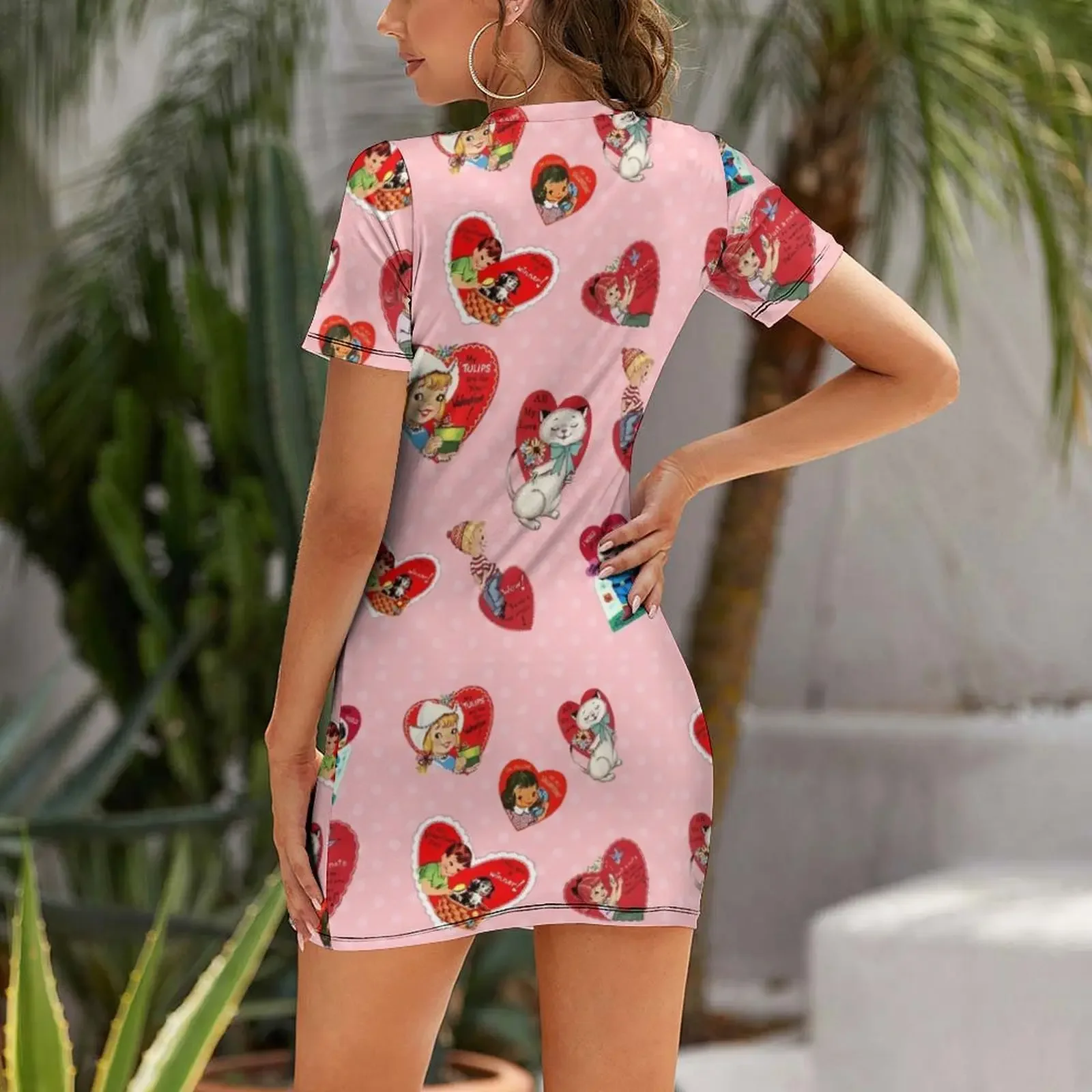 Vintage Valentine Pattern Short-Sleeved Dress luxury woman evening dress beach outfits for women birthday dress