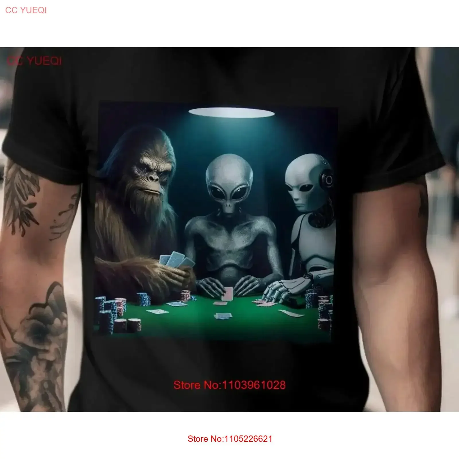 Camiseta de Noche de Póker con Diseño de Bigfoot, Alien y Robot IA, con Monstruos Geniales Jugando, Temática Joe Rogan, para Hombre, Estilo Iónico Vintage Lavado y Elástico