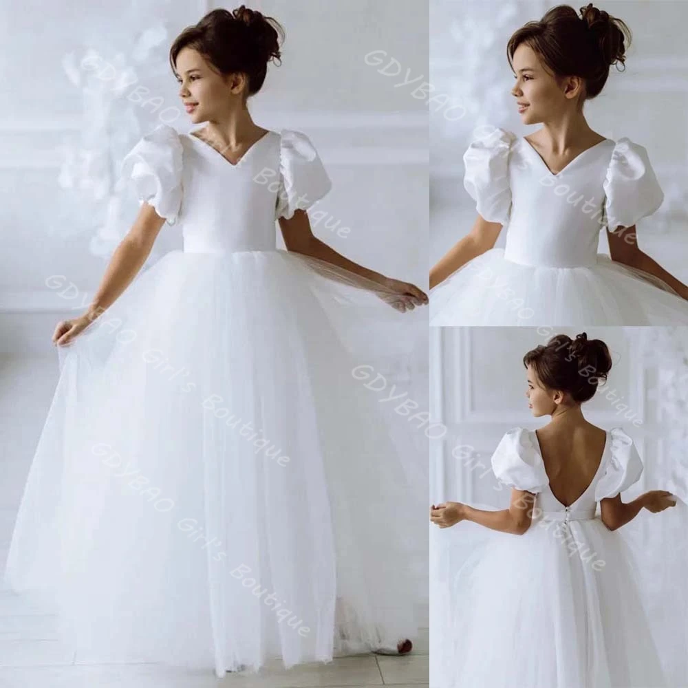 

White Flower Girl Dress for Wedding Toddlers Double V Neck Puff Sleeve First Communion Dress Customized Kids Birthday Party Gown