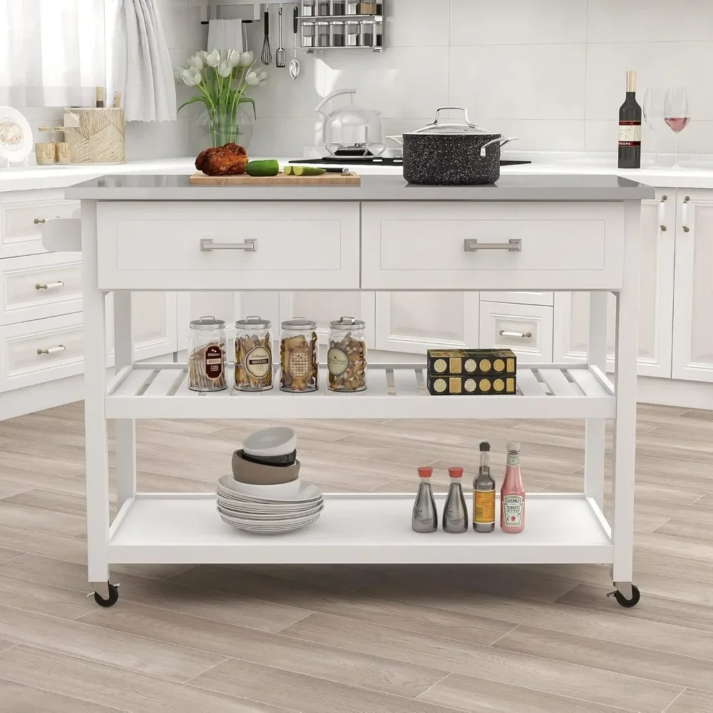 Kitchen Island White Stainless Steel Top Kitchen Cart On Wheels with 2 Drawers and Storage Shelves, 47.24