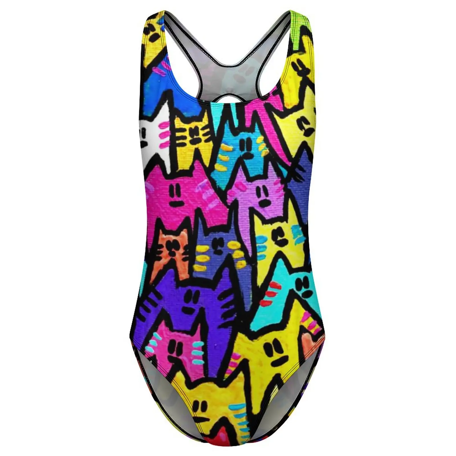 Funny Cat Swimsuit Colorful Cats Pop Art Swimwear One-Piece Fitness Bodysuit Cut Out Bathing Suits Ladies Push Up Sexy Beachwear