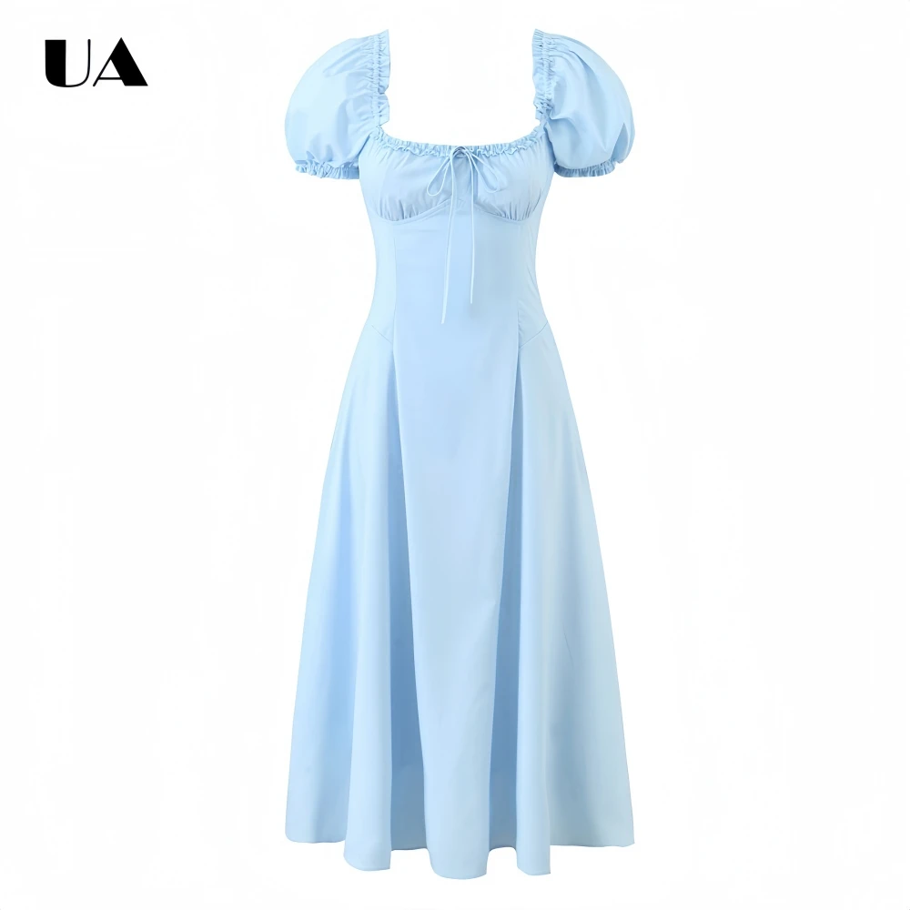 

Elegant A-line Lace-up Midi Dress with Ruffled Slash Neck, Solid Bubble Sleeve Ruched Long Dress, Vintage Draped Zipped Dress