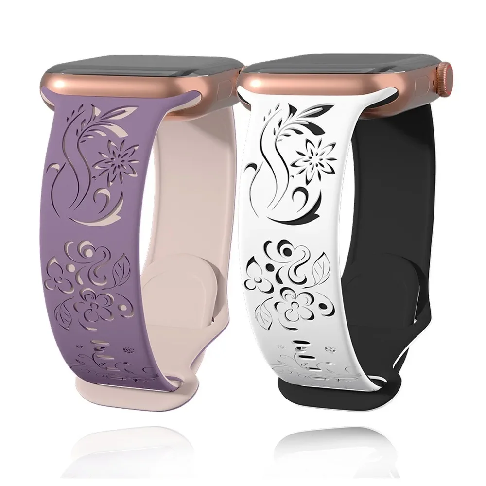 2pcs Floral Engraved Silicone Bands for Apple Watch Series 10 9 8 7 6 SE 5 4 3 Sport Straps 42mm 46mm 49mm 45mm 40mm 44mm 41mm