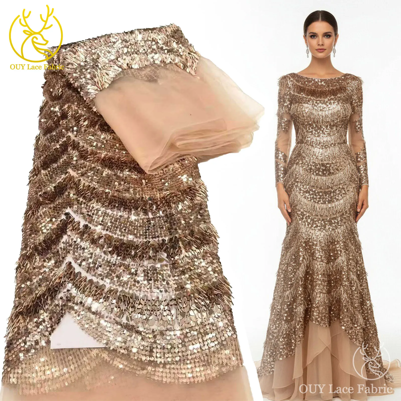 

Luxury African 3D Handmade Sequin Lace Fabric 2025 Luxury Nigerian French Mesh Tulle Fabric for Women's Dinner Party Dresses