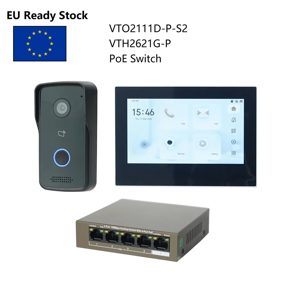 DH Multi-Language IP Video Intercom KIT,VTO2111D-P-S2 & VTH2621GW-P / VTH2621G-P & PoE switch,support SIP, RFID Card Unlock