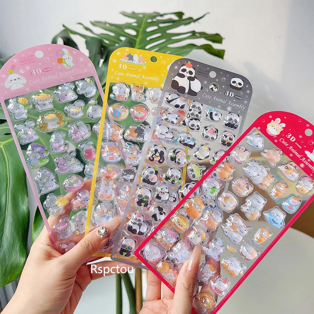 

1/4pcs Kawaii Panda Dog Cat 3D Cartoon Crystal Stickers Cute Creative Animal Relief Sticker DIY Laptop Notebook Reward Decal Toy