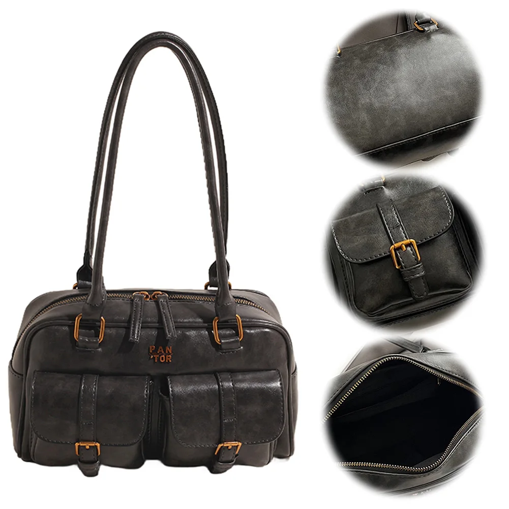 

Boston Tote Bag for Women with Multi-Pockets Underarm Bag PU Leather Vintage Shoulder Bag Clutch Purse for Travel Work