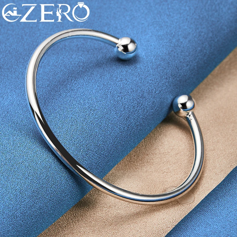 ALIZERO 925 Sterling Silver Solid Double Beads Cuff Bangle Bracelet For Women Man Wedding Engagement Party Jewelry Accessories