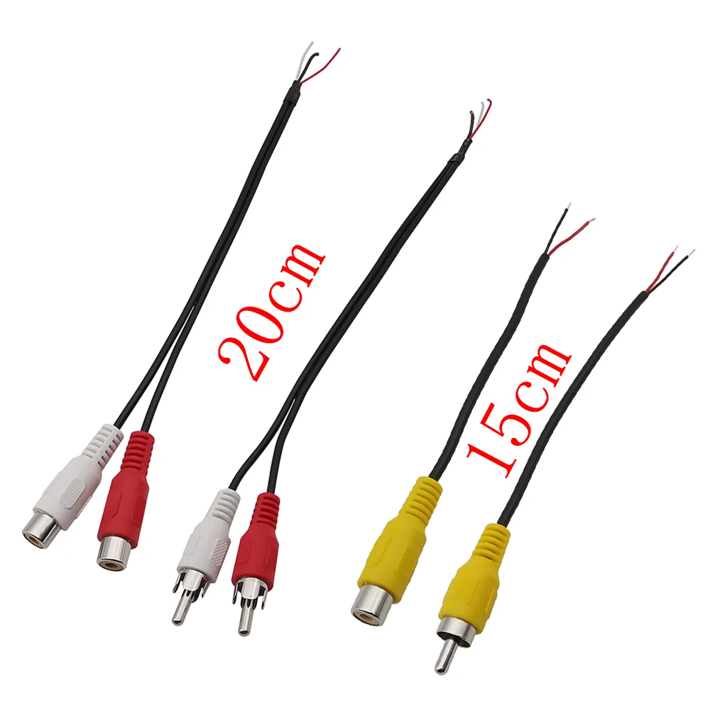 2Pcs 15cm 20cm Car RCA Female / Male Audio Cable Extension Cable AV Single Video Stereo Plug Connector DIY Repair Wire