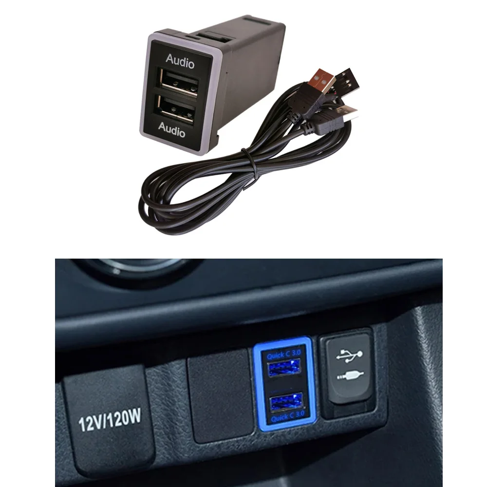 Adaptateur de double port USB pour voiture, compatible avec Toyota Camry Prius CorTrustPrado Yadditif, lumière bleue, audio, disque U, prise flash