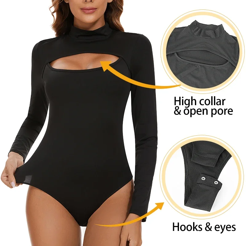 Womens Bodysuit High Collar Sexy Hollow Out Thermal Underwear Tops Tummy Control Compression Shapewear Bottoming Shirts Jumpsuit