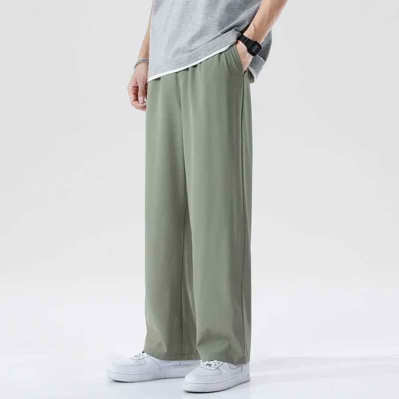 Summer Thin Ice Silk Quick Drying Pants for Men Sports and Leisure Men\'s Pants Korean Fashion Solid Color Wide Leg Pants