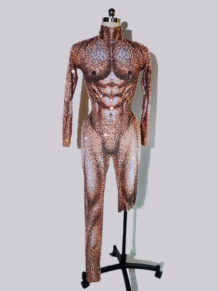 

Luxury Sparkle Brown Full Pearls Muscule Man Jumpsuits Deguisement Nude Dance Costume Drag Queen Show Outfits Performace Party