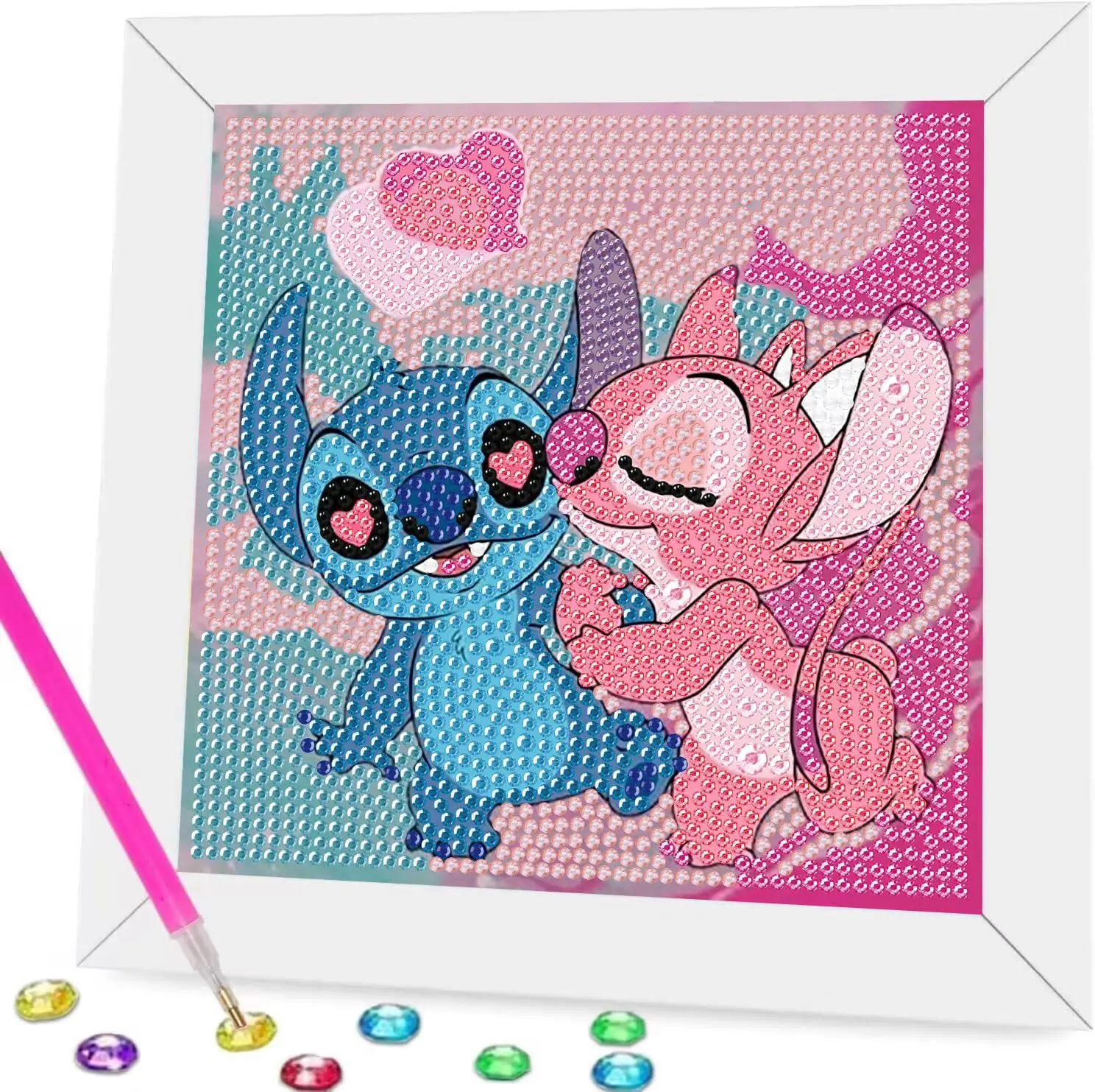 18x18cm With White Frame 5D Full Round Drill Diamond Painting Kit Cute Blue & Pink Big Ears Alien Couple Pet Pink Love Heart Bla