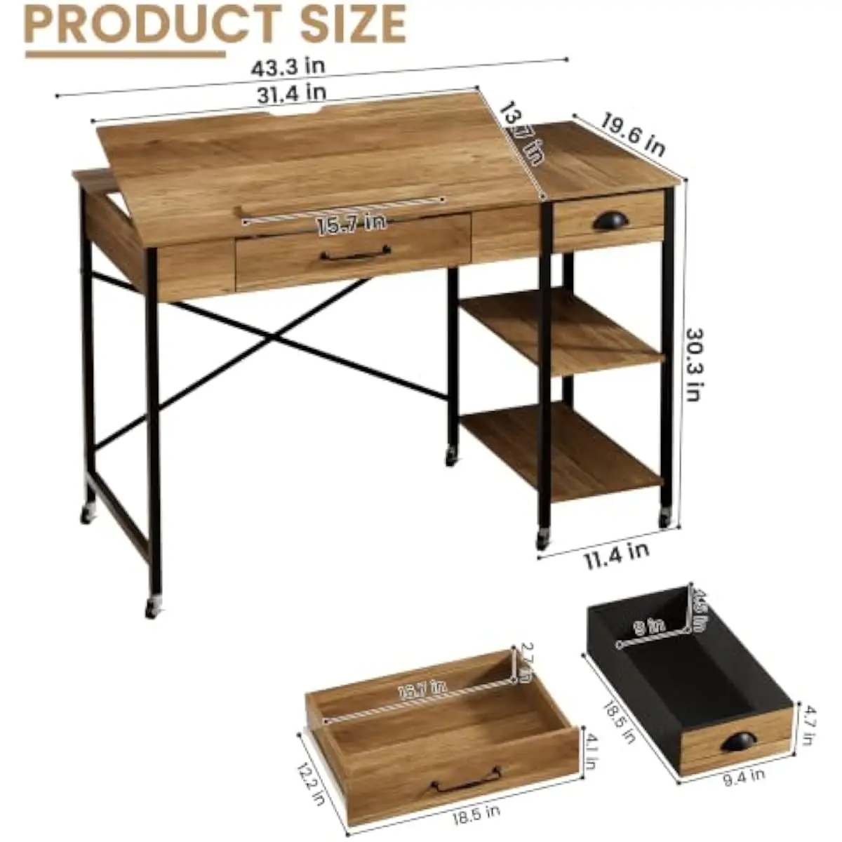 Adjustable Tilting Drafting Desk with Locking Mechanism 0° to 80° Angle Range Rolling Casters with Brakes Two Drawers Plus Dual