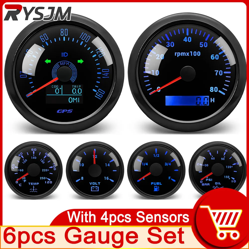 6 Gauge Set 85mm GPS Speedometer Tachometer + 52mm Fuel Level Water Temp Oil Presseure Gauge Voltmeter 12V 7 Colors Backlight