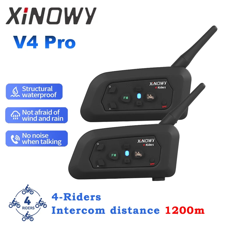 

XiNOWy V4 PRO Motorcycle Helmet Headset Support 4 Person Riding Interphone Distance 800-1200 Meters Bluetooth Intercom