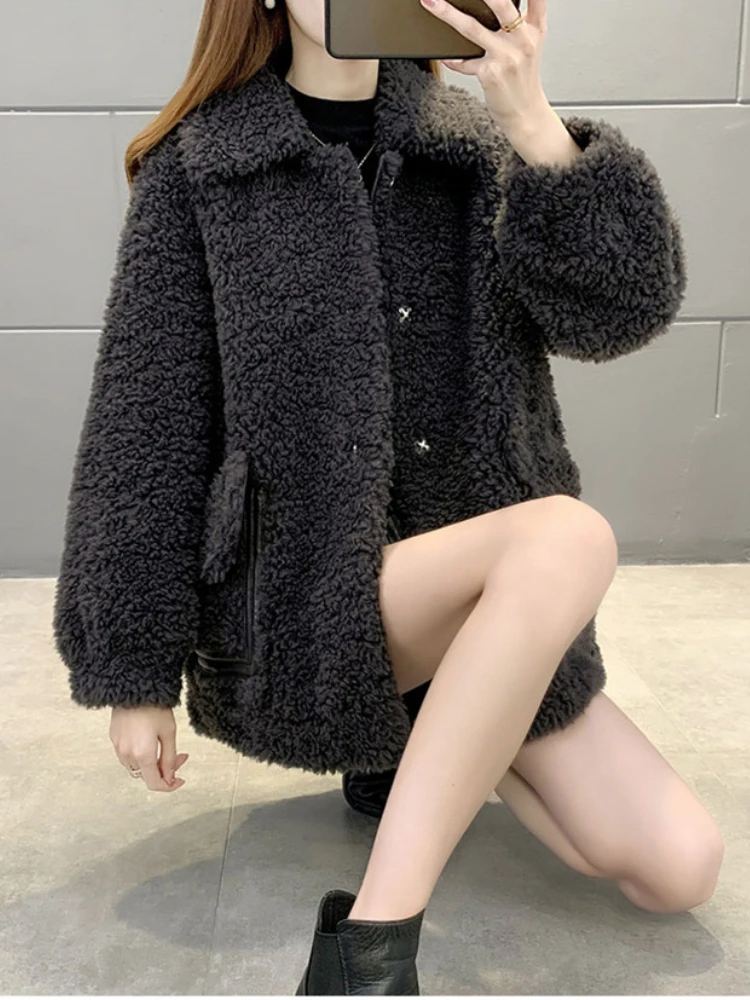 

2023 Real Fur Coat Casual Winter Jacket Women Natural Knitted Wool Turndown Collar Thick Warm Streetwear Fashion Outerwear