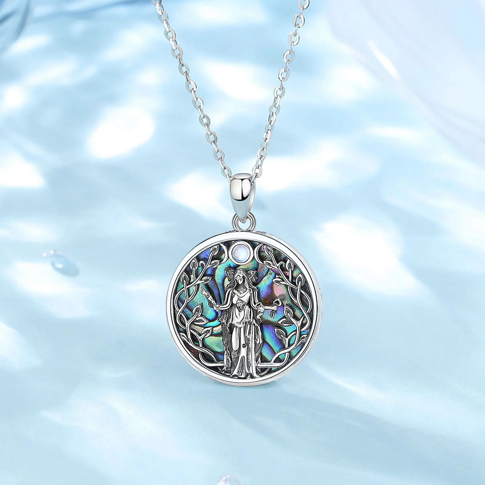 Imagem -04 - Sterling Silver Triple Moon Deusa Colar para Mulheres Pingente Amuleto Hecate Jóias Abalone Natural Presente da Personalidade Eudora-925