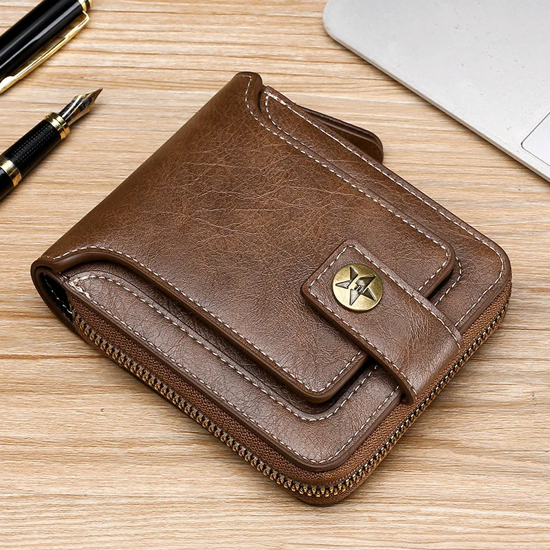 Cartera pequeña Vintage de cuero Pu para hombre, monedero corto con broche y cremallera, bolso de mano sólido, Porte para hombre