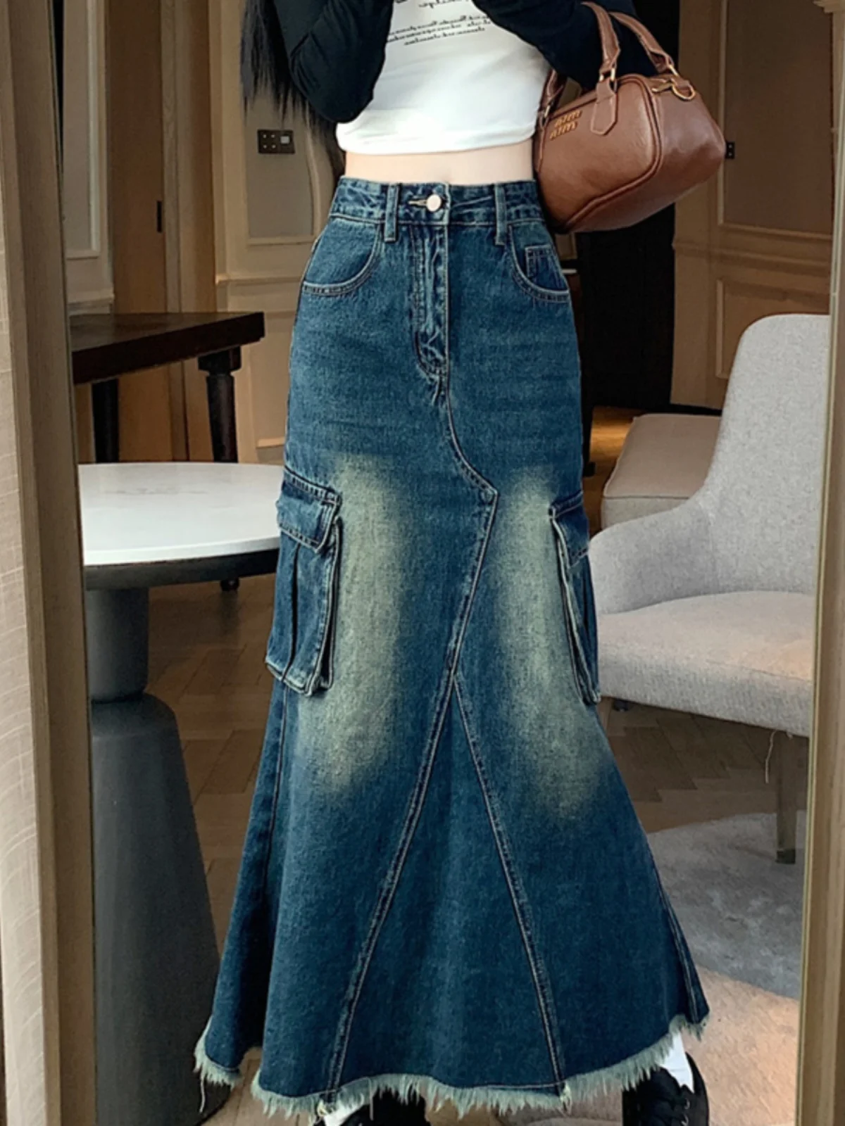 

Women's A-line Denim Skirt Vintage 90s Aesthetic Y2k Long Cowboy Skirt Harajuku Korean Emo Jean Skirt 2000s Clothes Summer 2024