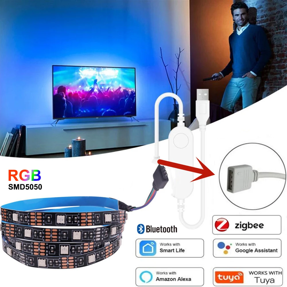 Smart Zigbee USB LED Strip Lights DC 5V Tuya Wifi Bluetooth Control RGB 5050 Led Strip TV Backlight Work With Alexa Google Home