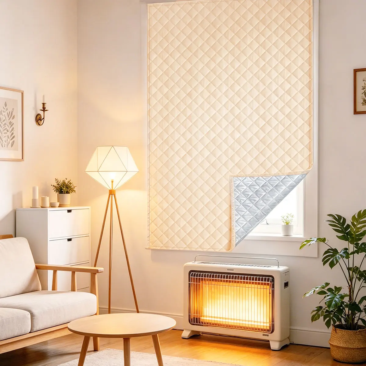 Magic Tape Self-Adhesive Small Window Curtains, Quilted Diamond Flannel Cold-Proof Thermal Shades for Rental Apartment Home