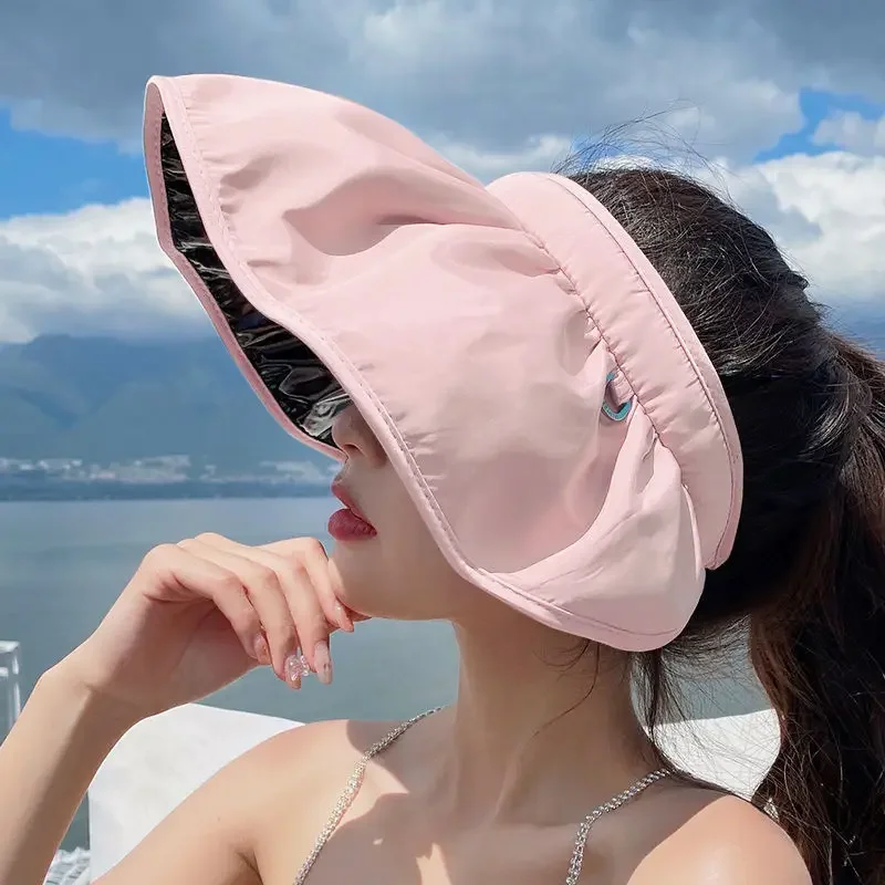 Summer Sun Hats Women Foldable Visor UV Protection Top Empty Solid Vacation Beach Sunscreen Baseball Cap Headband Sunscreen Cap