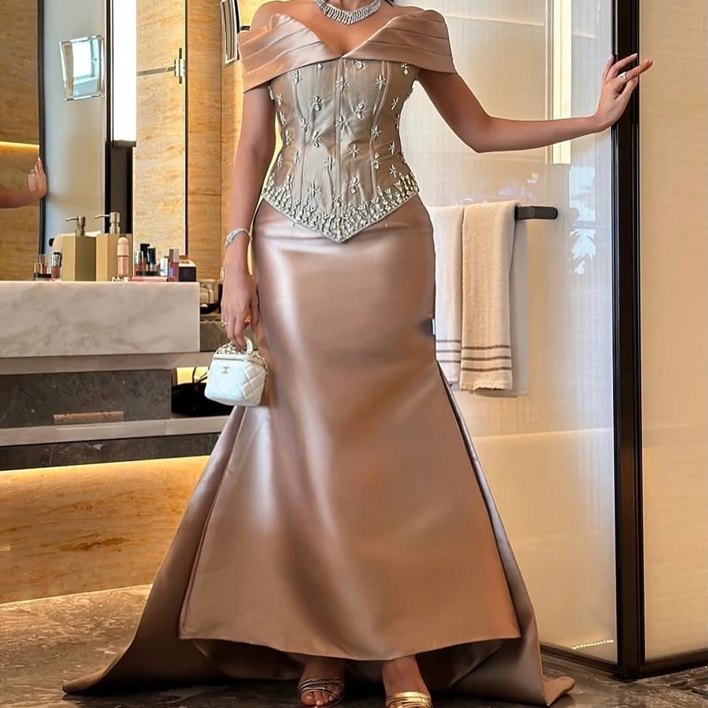 

Customized Mermaid Evening Dresses Floor-length Off The Shoulder Sleeveless Prom Gown Fsahion Pelat Crystal Backless Party Gown