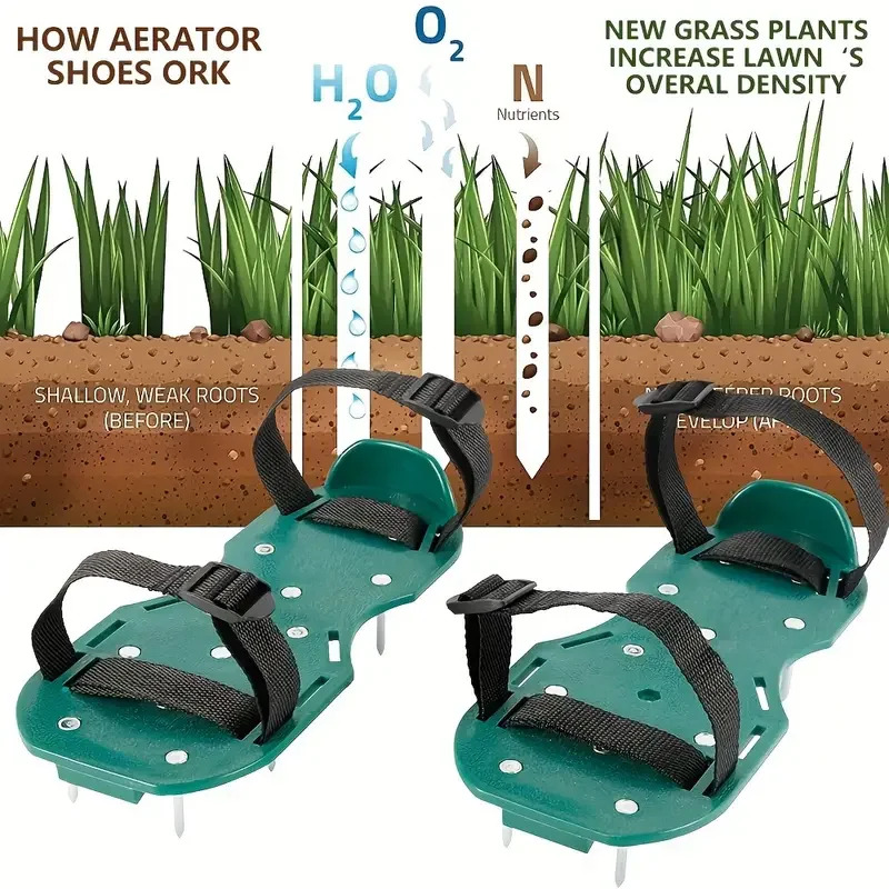 Sapatos Aerador de Gramado Manual com Pontas – Plástico Durável Tiras Ajustáveis Resistentes e Fivelas de Metal para Jardim de Quintal Par de