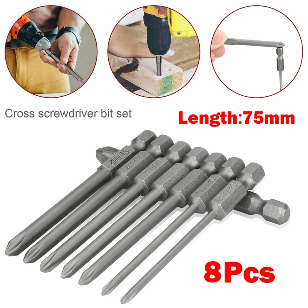 8pcs 75mm Cross Screwdriver Bits Set Alloy Steel Electric Screwdriver 1/4 Inch Hex Screw Driver Bits Hand Tools PH0 PH1 PH2