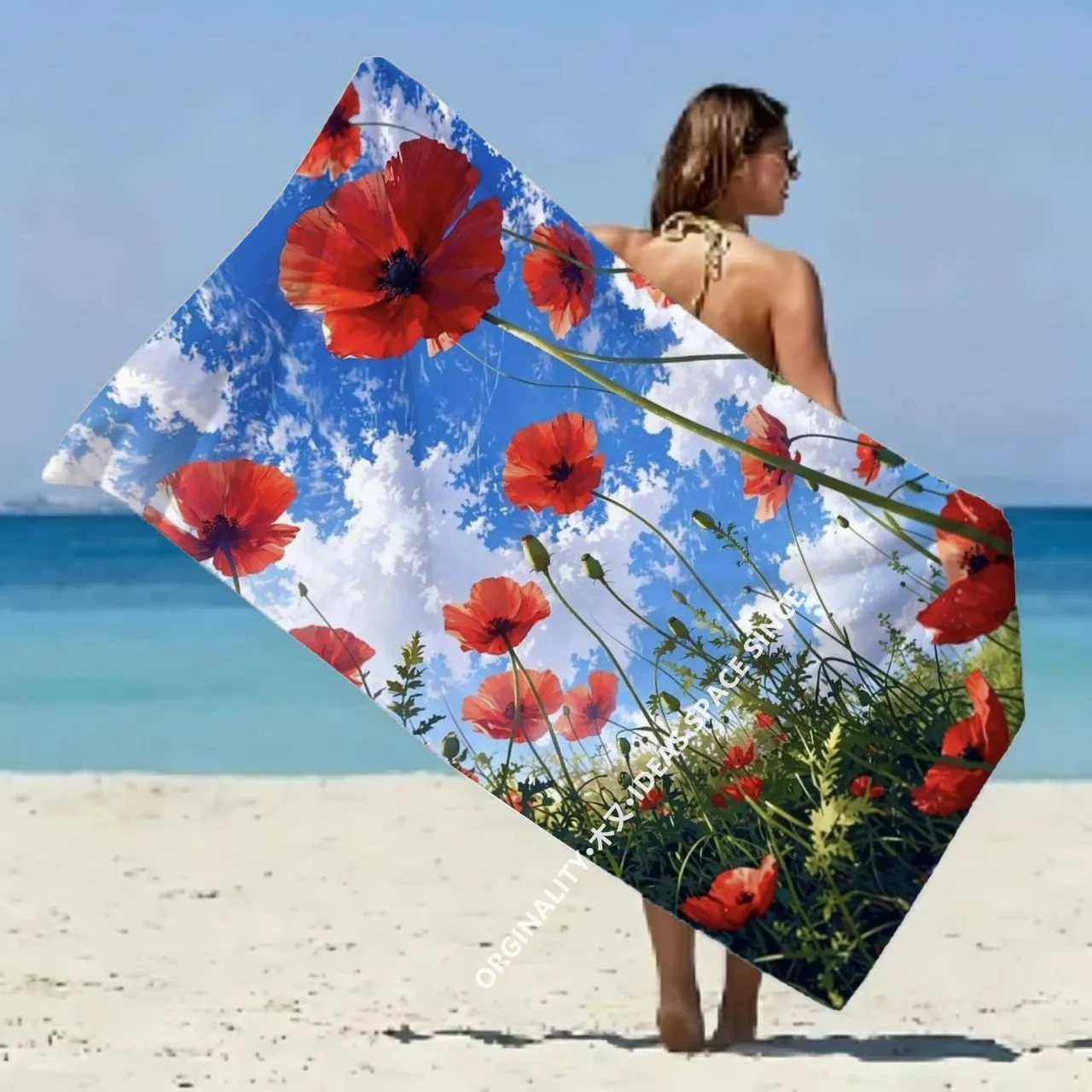 Sky & Red Poppy Floral Beach Towel Patterned Sunscreen And Windproof Suitable For Swimming Pool Camping Travel