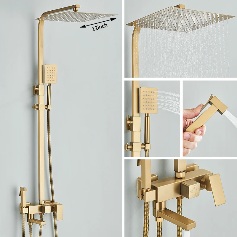 4-in-1 goud geborsteld douchesysteem Regendouche Warm koud watermengkraan met bidetkraan Baddouchekraan voor badkamer - afbeelding 1