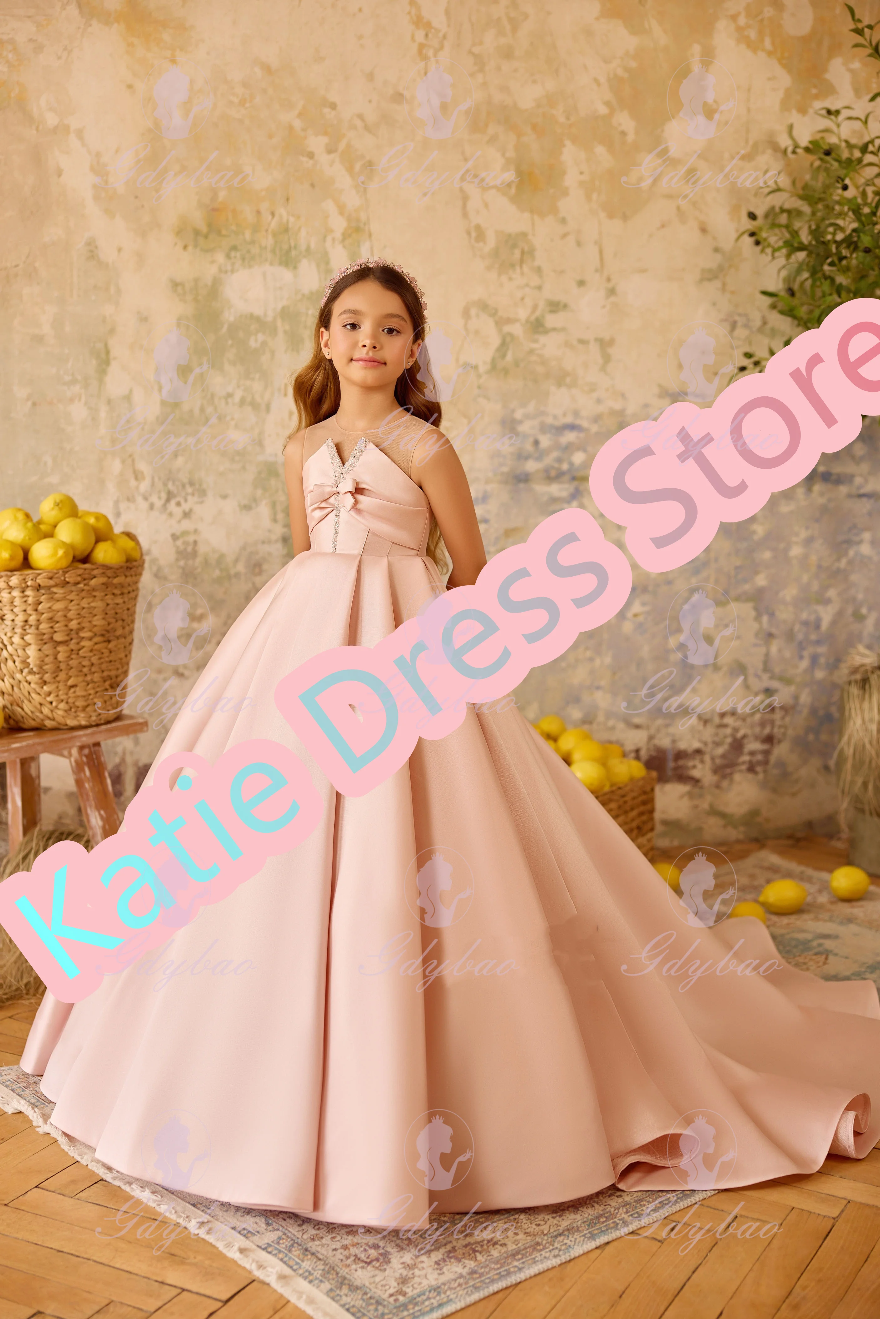 

Pink Beading Flower Girl Dress For Wedding Puffy Satin Princess Kids Birthday Party First Communion Ball Gowns Customized