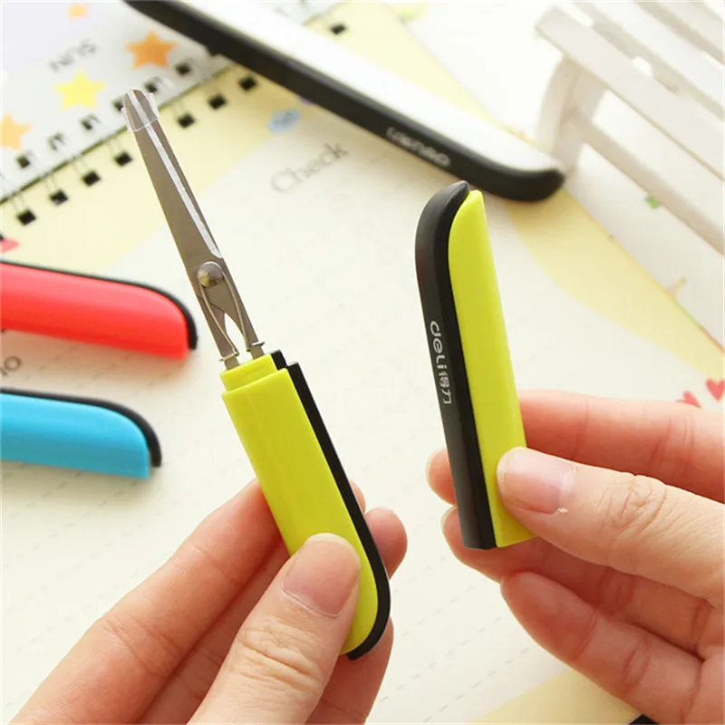 Deli Kawaii Folding Utility Safety Mini Scissors Paper Cutter Student Pocket Cut Tools Stationery Store School Office Supply