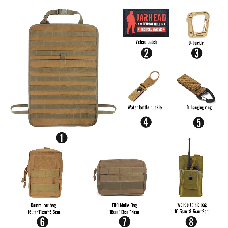 MOLLE Car Seat Back Organizer Tactical Vehicle Seat Panel Storage Bag with Multi EDC Pouch Phone Bag for Hunting Camping Travel