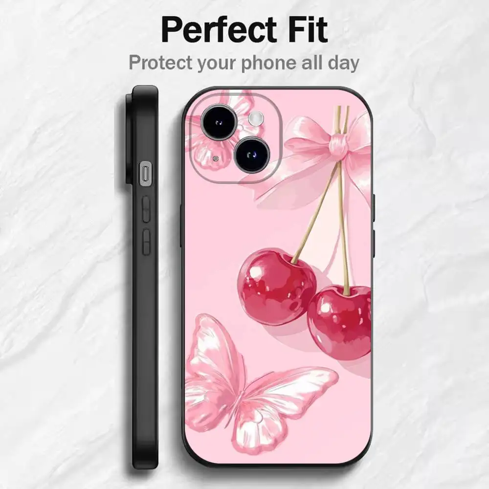 Casing iPhone Lucu Motif Buah Ceri Pink Untuk 17 16 15 14 13 12 11 Mini XS XR X 6S 6 Pro Max Plus Hitam Bahan Lembut